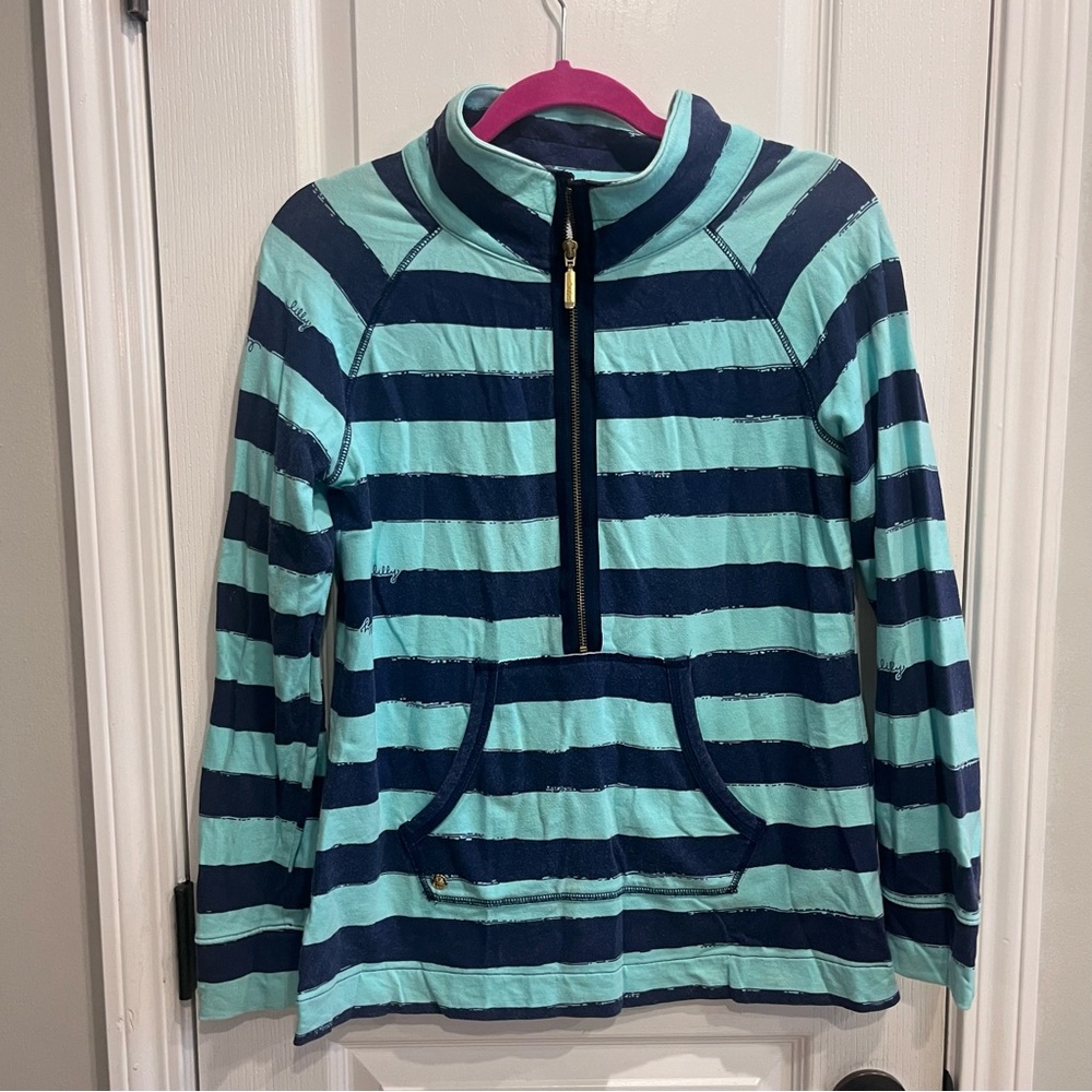 Lilly Pulitzer Blue Green Striped Popover Sweatshirt Medium